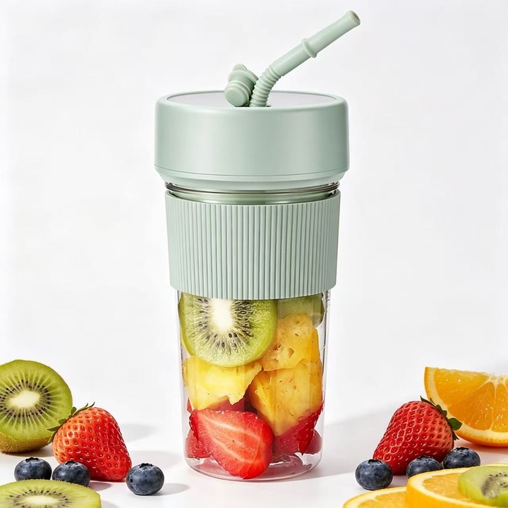 Blender portabil 350ml, Mini storcator pentru smoothie-uri si shake-uri, 6 lame din inox, Incarcare USB Type-C, Sistem inteligent de siguranta, Fara BPA, cu paie si curea, Verde