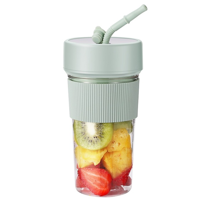 Blender personal portabil, storcator mini 350ml cu paie si curea, 6 lame, incarcare Type-C, incuietoare inteligenta de siguranta, material fara BPA, perfect pentru smoothie-uri si shake-uri - Verde