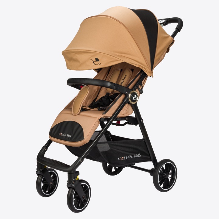 Carucior sport Ultrausor si Compact (5, 3 kg) - VelvetKids New AirDream v2, Compatibil avion, Suporta 22 kg, Material lavabil, Pozitie de somn, Bretea umar transport facil, Plasa anti-insecte + protectie sezut incluse, Camel