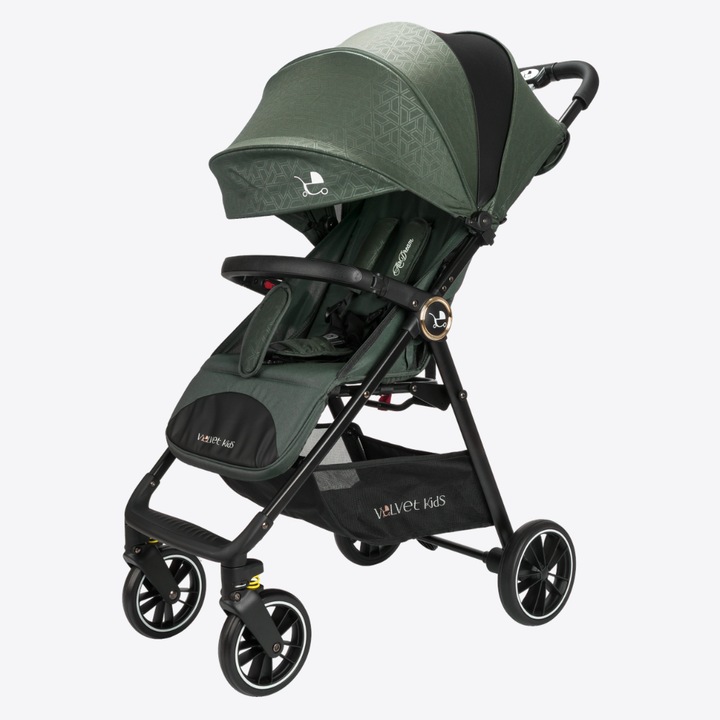 Carucior sport Ultrausor si Compact (5, 3 kg) - VelvetKids New AirDream v2, Compatibil avion, Suporta 22 kg, Material lavabil, Pozitie de somn, Bretea umar transport facil, Plasa anti-insecte + protectie sezut incluse, Verde Olive