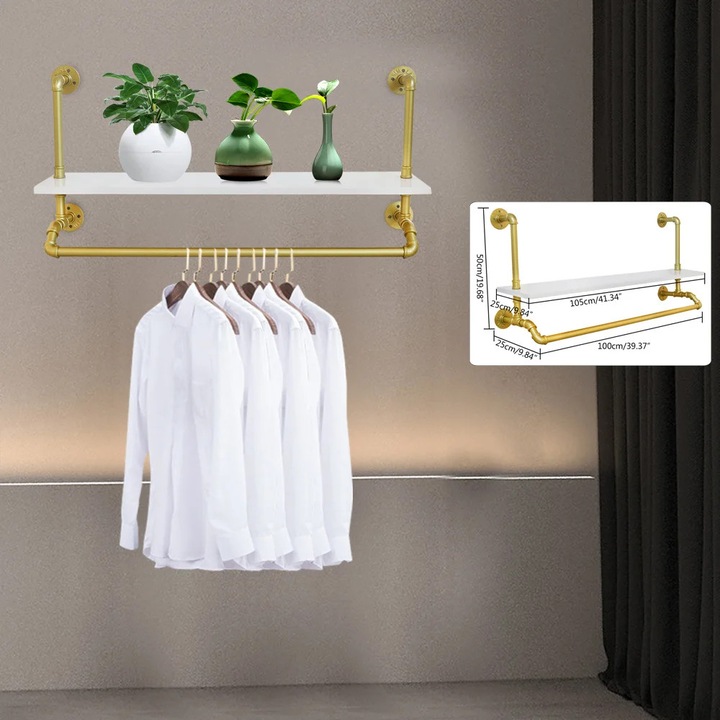 Cuier pentru haine de perete, Bara pentru umerase cu polita superioara, 100×25×50 cm, Metal, Un singur nivel, Console triunghiulare