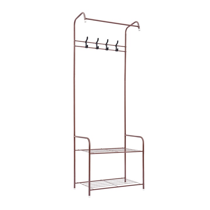 Suport haine cu raft pentru pantofi, Cuier de podea, 4 carlige, Metal (fier), Sarcina 15 kg, 57×30×165 cm, Cafeniu