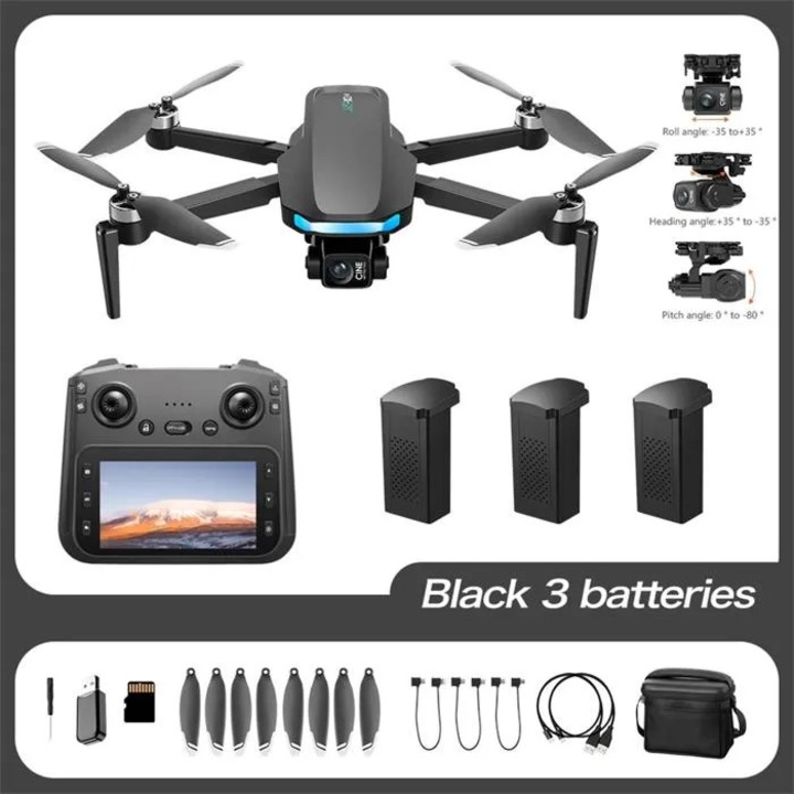 HD kamerás drón, 3 tengelyes, GPS, távirányító, kijelző, EIS stabilizálás, 3 akkumulátor