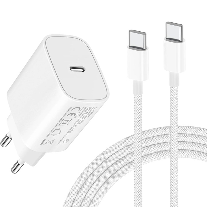 FooFoony USB-C gyorstöltő, gyorstöltő és USB C töltőkábel iPhone 17 16 16e 15/Pro/Pro Max/17 Air/16 15 Plus, iPad Air/Pro/11. generációhoz, dugó és tápegység 1 m-es gyorstöltő kábellel, töltőadapter, fehér