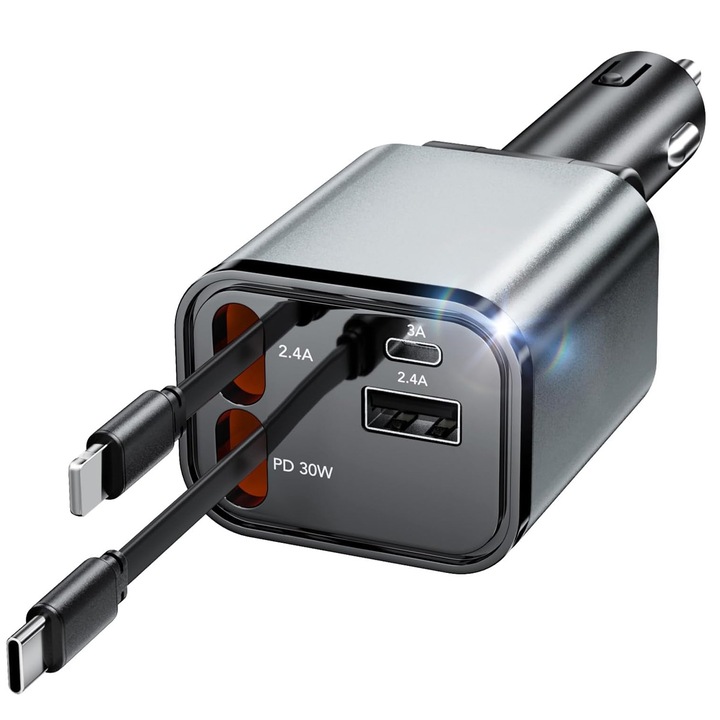 FooFoony 4 az 1-ben USB C autós töltő, 69W, Behúzható USB C + Lightning autós töltő, 12V/24V USB adapter kompatibilis iPhone/Samsung készülékekkel, Alapvető ajándékok autós utazásokhoz férfiaknak és nőknek, Autós kiegészítők Galaxy S26 telefonhoz
