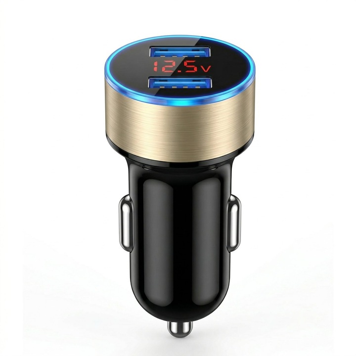 Incarcator Auto cu Afisaj Digital, din Metal, 3.1A, Incarcare Rapida 6A PD+QC3.0, Dublu USB, Negru/Auriu