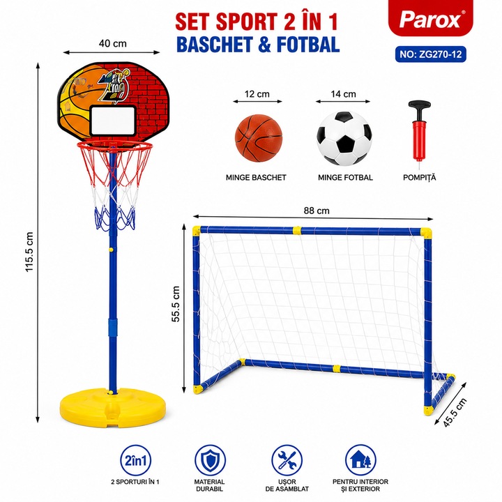 Parox 2 az 1-ben Gyerek Sport Szett: Kosárlabda + Focikapu, 12 cm-es Kosárlabda labda + 14 cm-es Focilabda, 115 cm Magasság, ZG270-12 Modell, 3+ Év
