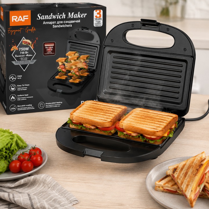 Sandwich Maker RAF R.2538T, 750W, Placi Grill din Aluminiu cu Strat Antiaderent, Preparare Rapida si Uniforma, Indicator LED, Sistem de Inchidere Sigura, Curatare Usoara, Design Compact si Modern