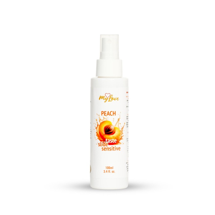 MyLove Taste Slide Sensitive intim gél, érzékeny bőrre, barack ízzel és spray applikátorral, átlátszó, 100 ml