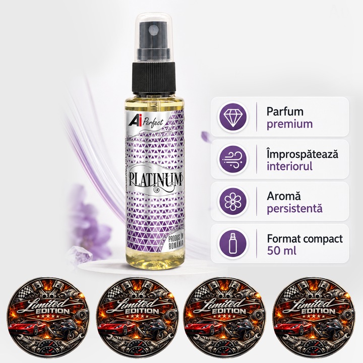 Odorizant auto AI Perfect Platinum, spray parfum pentru interior masina, aroma premium eleganta, improspateaza habitaclul, format compact, 50 ml, 4x Stickere auto