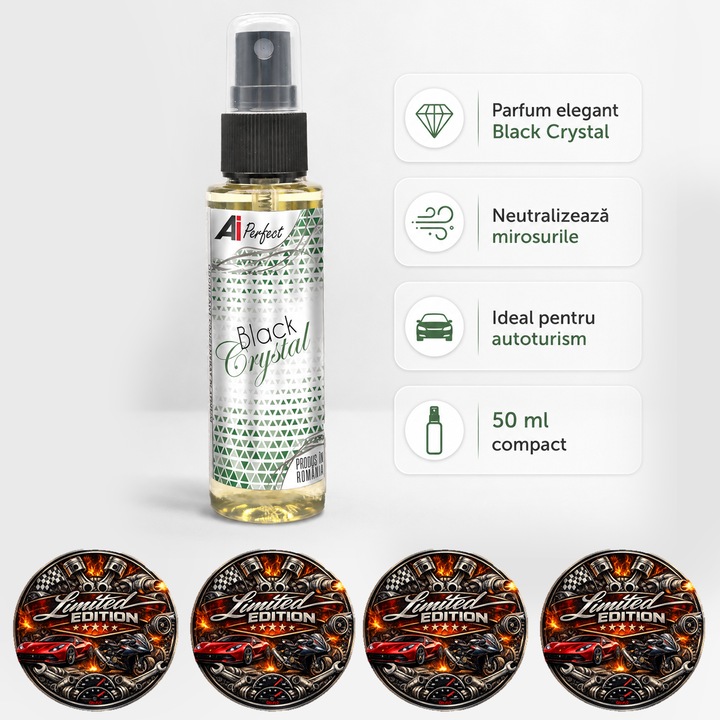 Odorizant auto Ai Perfect Black Crystal, spray parfum pentru interior masina, aroma eleganta si persistenta, improspateaza habitaclul, format compact, 50 ml, 4x Stickere auto