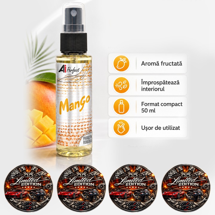 Odorizant auto AI Perfect Mango, spray parfum pentru interior masina, aroma tropicala fructata, improspateaza habitaclul, format compact, 50 ml, 4x Stickere auto