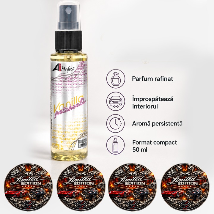 Odorizant auto AI Perfect Vanilla Patchouli, spray parfum pentru interior masina, aroma rafinata de vanilie si patchouli, improspateaza habitaclul, format compact, 50 ml, 4x Stickere auto