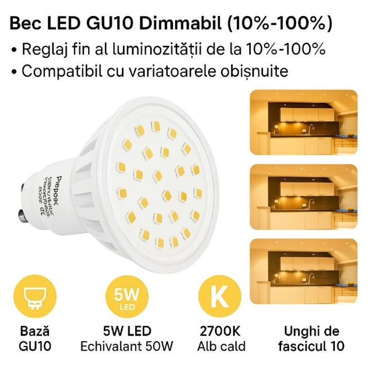 Set de 3 becuri LED Smart, GU10, 5W, echivalent 50W, 600 lm, 2700K, reglabile, alb, tip spot, unghi fascicul 120°, durata viata 25000 h, Ra85, 200-240 V