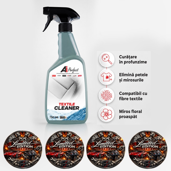 Solutie curatare tapiterie auto si textile Ai Perfect Textile Cleaner, detergent cu enzime, pentru covoare, mochete, huse si tapiterii, miros floral, biodegradabil, 750 ml, 4x Stickere auto