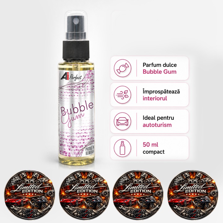 Odorizant auto AI Perfect Bubble Gum, spray parfum pentru interior masina, aroma dulce de guma de mestecat, improspateaza habitaclul, format compact, 50 ml, 4x Stickere auto