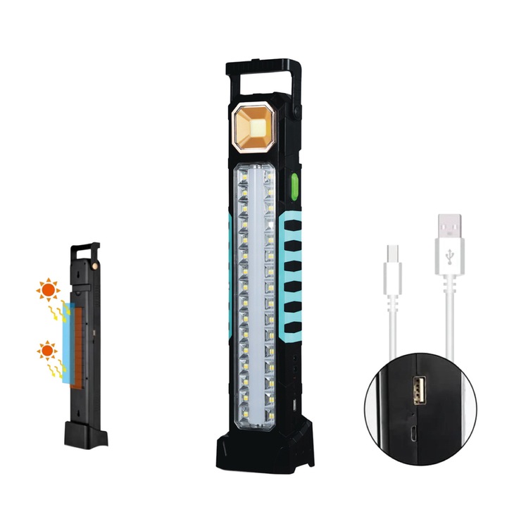 Többfunkciós újratölthető LED lámpa, napelemes és USB töltés, 3 világítási mód, COB + oldalsó LED, IPX4, beépített akkumulátor, kempingezéshez, javításokhoz, horgászathoz, vészhelyzetekhez