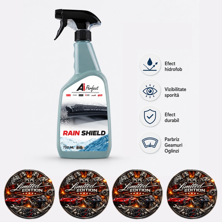 Solutie hidrofobizare parbriz Ai Perfect Rain Shield, tratament anti ploaie pentru geamuri auto, oglinzi si faruri, protectie sticla, vizibilitate imbunatatita, efect durabil, 750 ml, 4x Stickere auto