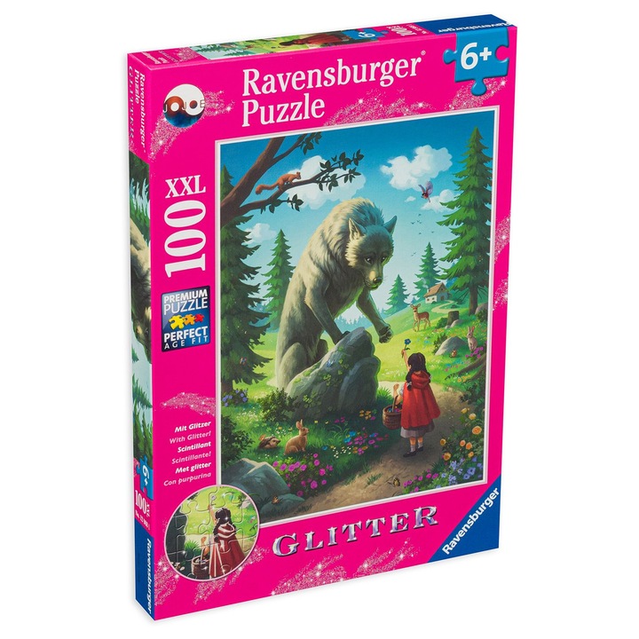 Puzzle cu brocart Ravensburger din 100 XXL de piese - Scufita Rosie si Lupul
