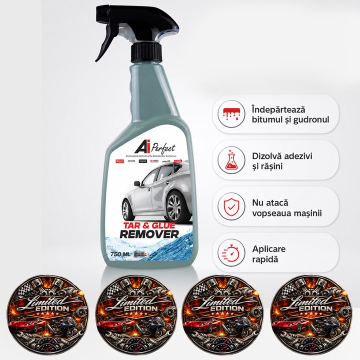 Solutie indepartare adezivi Ai Perfect Tar Glue Remover, pentru exterior auto, elimina bitum, gudron, smoala, rasini vegetale, vaselina si depuneri dificile, 750 ml, 4x Stickere auto