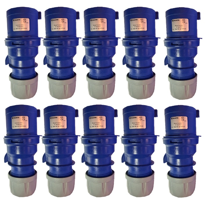 Set 10 bucati Fisa industriala Wurth CEE, 32A, 200-250V, 2P+E, IP44, Albastru
