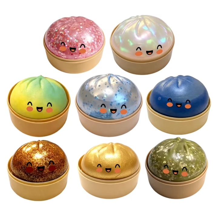 Jucarie antistres squishy, design chifle sclipici zampitoare Baozi sau Nikuman multicolor, 1 bucata random, 5 cm