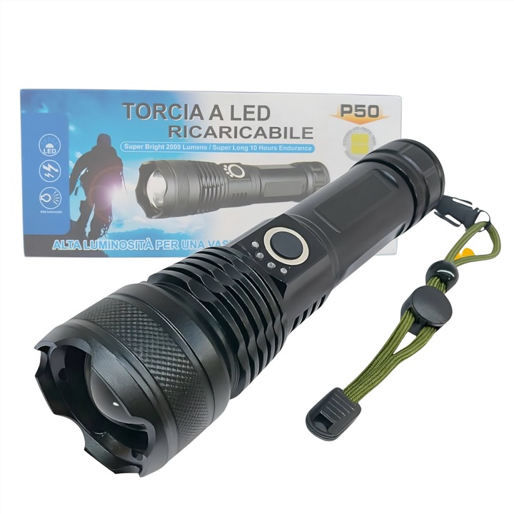 P50 újratölthető LED lámpa, 2000 lumen, állítható zoom, USB, IPX4 vízálló, 3 világítási mód, akár 10 órás üzemidő