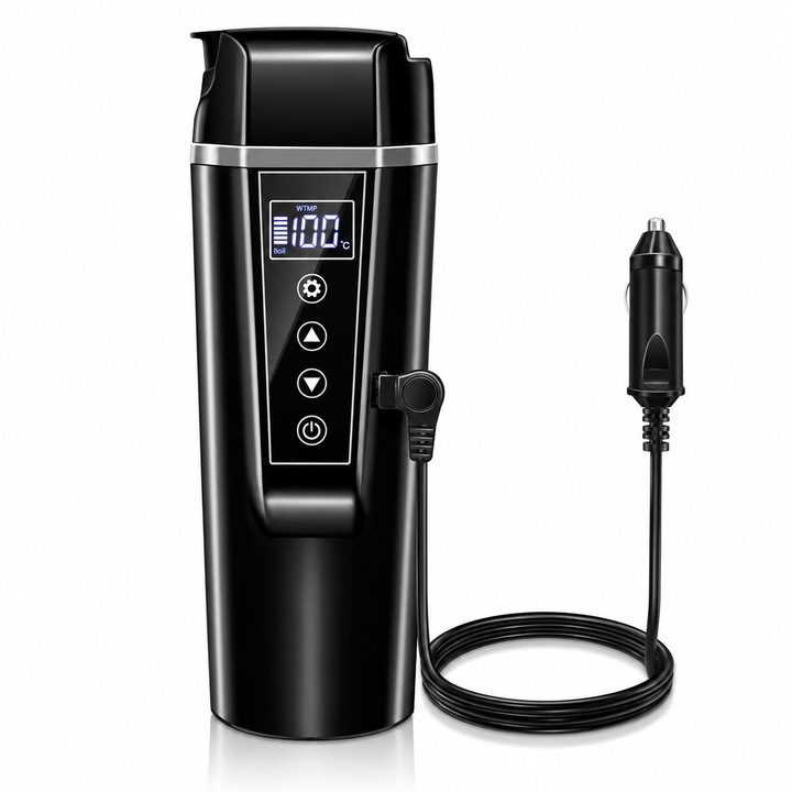 Cana Electrica Auto 12V/24V, 400ml, fierbator portabil pentru masina si camion, incalzire apa pana la 100°C, functie mentinere calda, display LED, control temperatura, interior inox 304, capac anti-scurgere, cablu bricheta auto, negru