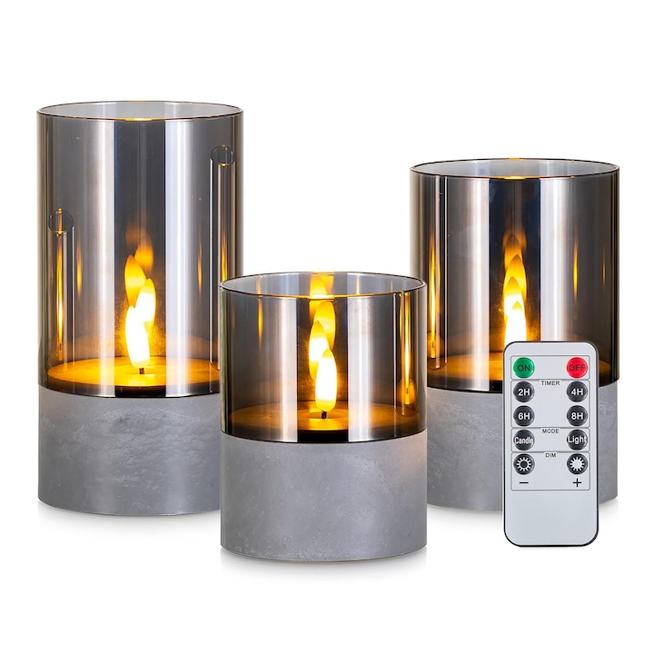 Set 3 lumanari decorative LED Candeldo, functie timer, fara flacara, iluminare ambientala, pentru living si baie, Ceara si ABS, culoare Gri