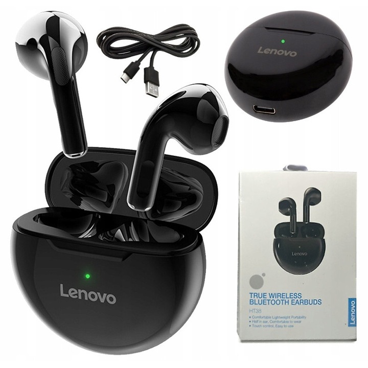 Lenovo HT38 vezeték nélküli fülhallgató, Bluetooth 5.3, vízálló, fekete, 30 óra üzemidő, 350mAh powerbankkal