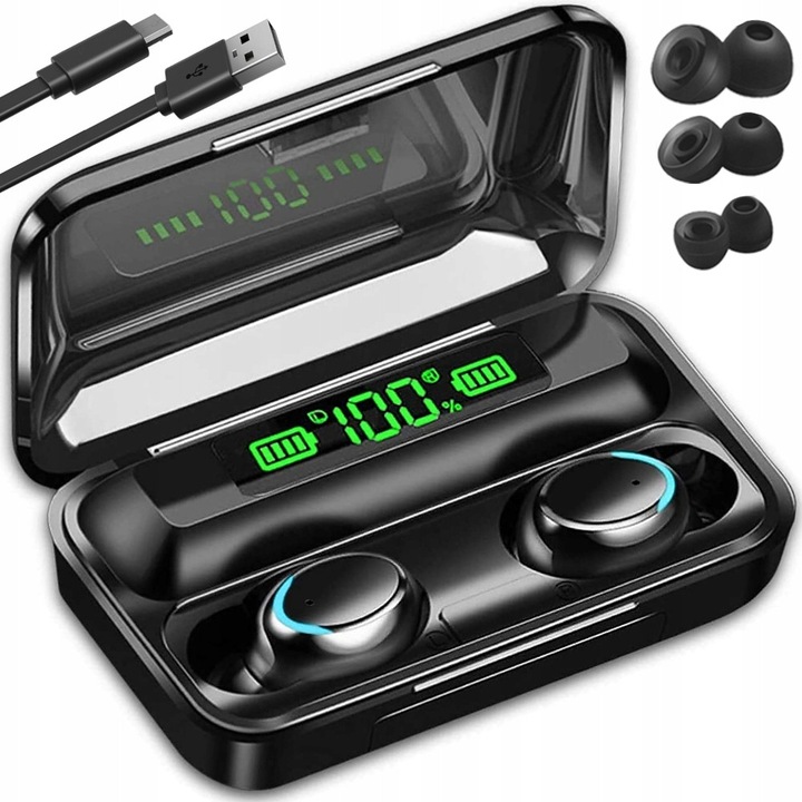 Koanni F9 vezeték nélküli fülhallgató, Bluetooth 5.0, 1500 mAh powerbank tok, érintésvezérlés, CVC8.0 zajcsökkentő mikrofon, fekete, 1 szett