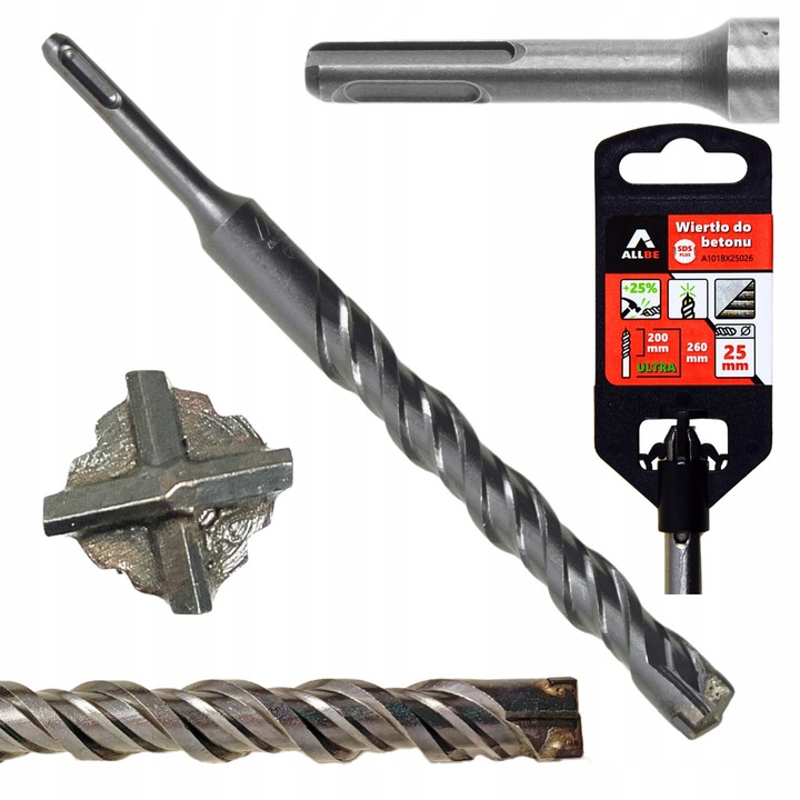 ALLBE A101BX25026 betonfúró, SDS-Plus, kereszt alakú keményfém hegy (4 élű), 40Cr acél test, vasbetonhoz, ezüst, 25 mm x 260 mm, 1 db