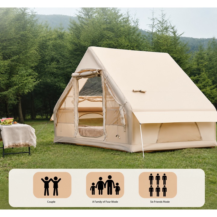 Cort Glamping Gonflabil Premium 4-6 Persoane – Cort Camping Impermeabil pentru Familie, Luxury Outdoor cu Montare Rapida si Spatiu Generos