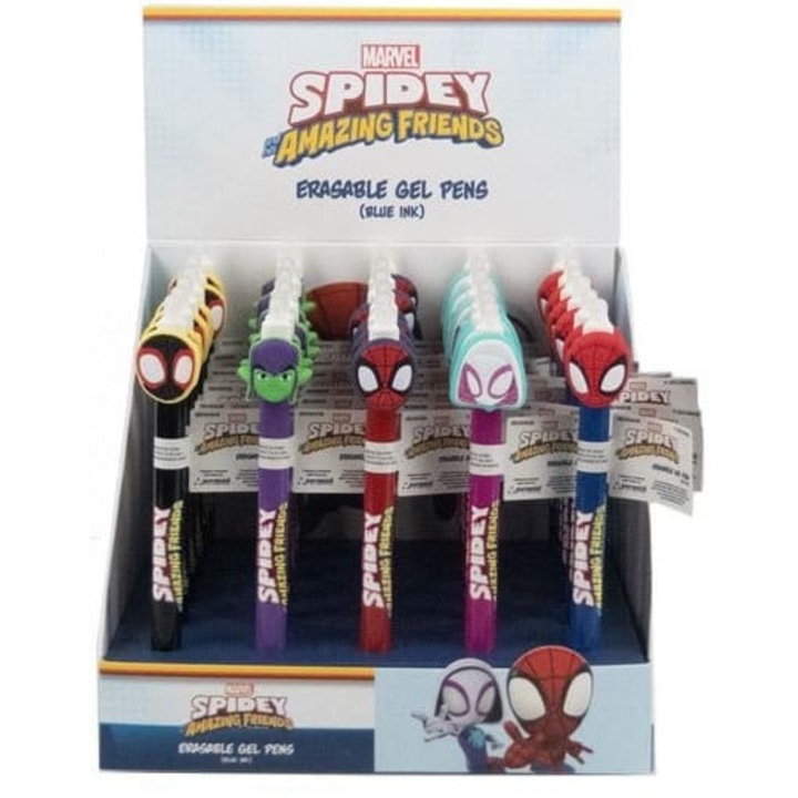 Pyramid International Spidey & Friends radírozható gél tollak, radírozható tintával, figurás díszítőfejjel, többszínű, 31 cm-es display, 30 db