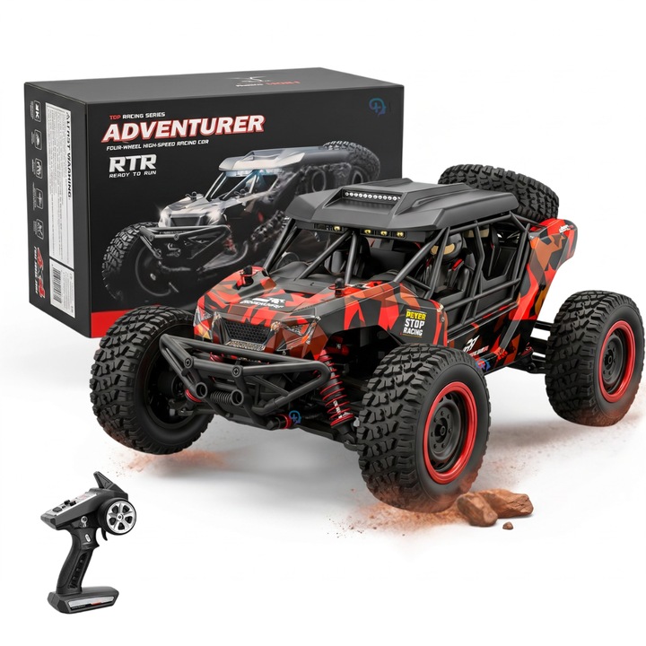 Професионална кола с дистанционно управление Adventurer, Off-Road 4x4 (4WD), Мащаб 1:16, Скорост 40 км/ч, Независимо метално окачване, Мотор Brushed, LED светлини, Контрол 2.4GHz, Червено-черно