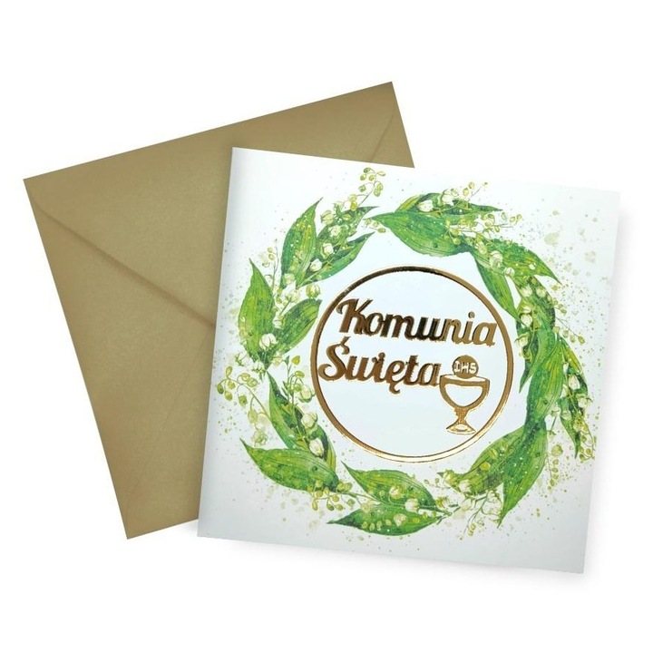 Felicitare comunie (karnet) Henry Konwalia, lac 3D auriu, plic perlat, Multicolor, 15x15 cm, 1 buc