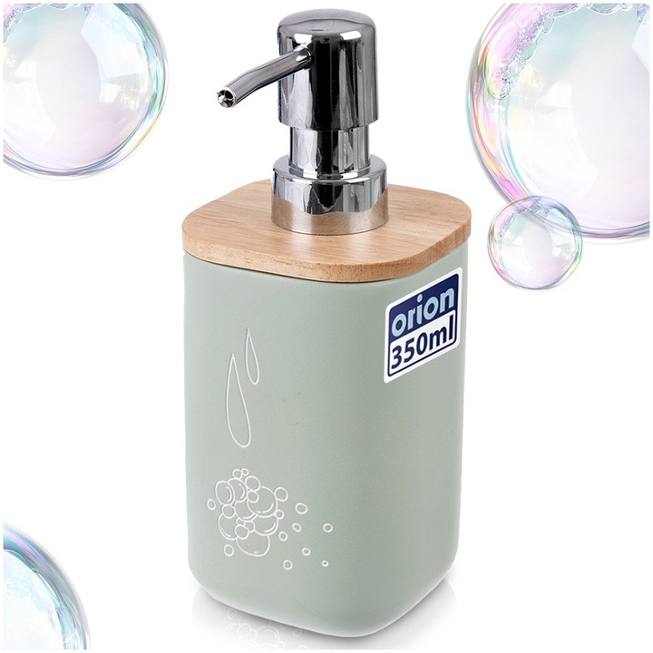 Dispenser Pentru Sapun Lichid, Orion, Greenish Cu Aspect Ceramic, 350 ml, Verde Menta, Rasina Sintetica Premium Si Capac Din Lemn De Bambus, Design Modern Elegant, Reincarcare Usoara, Accesoriu Decorativ Luxos Pentru Baie Si Bucatarie Organizata