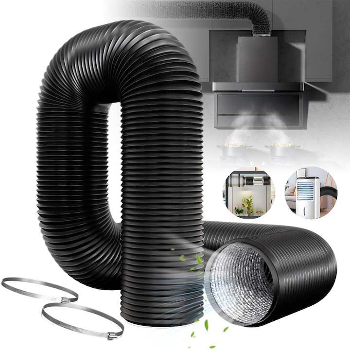 Tub Ventilatie, Bedee, Flexibil, Furtun de evacuare din PVC si aluminiu, 3m, 105mm, cu 2 Coliere Inox, Se intinde si se indoieste pana, pentru aer conditionat mobil, uscator, ventilator de evacuare, hota, sistem de ventilatie, grow tent, Negru