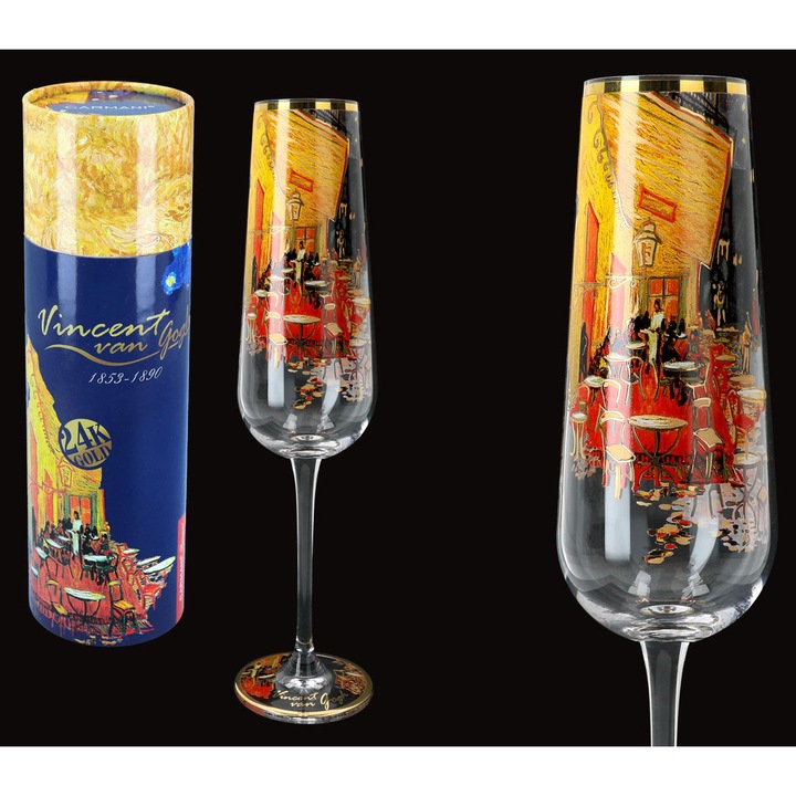 CARMANI Van Gogh Kávéházi terasz éjjel pezsgőspohár, festményreprodukcióval díszítve, elegáns vékony test, 24K arany részlet, átlátszó/többszínű, 1 db