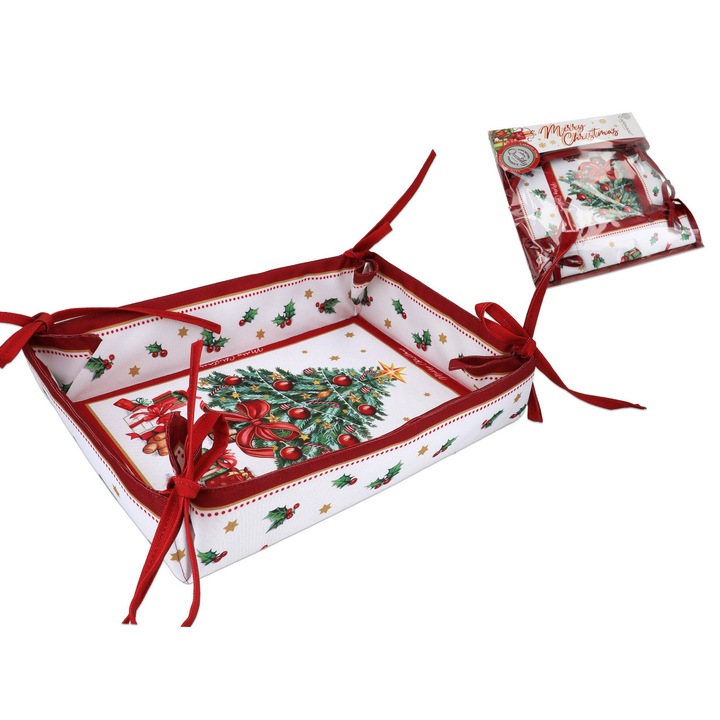 Cos pentru paine CARMANI Craciun, din material textil, cu snururi la colturi, pliabil, alb/rosu, 1 buc