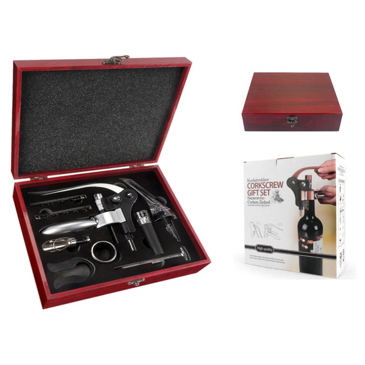 Set accesorii pentru vin HANIPOL, set de deschidere in cutie din lemn, cu tirbuson, dop si picurator, rosu, 10 piese