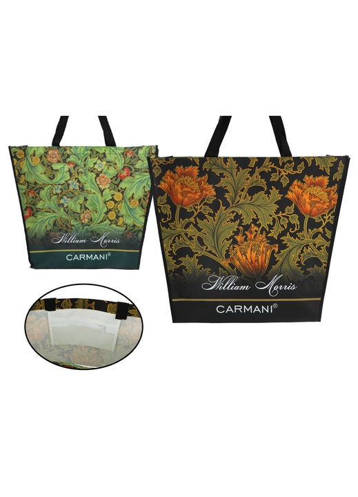 CARMANI, Textil válltáska trapéz alakú, William Morris mintával és belső cipzáras zsebbel, sokszínű, bevásárláshoz