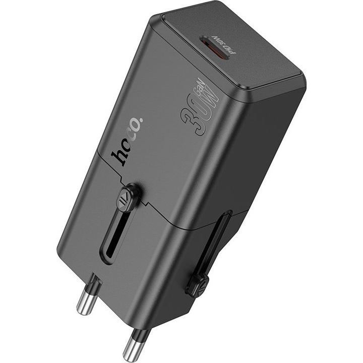 Incarcator de calatorie/adaptor Hoco AC25, USB-C 30W, adaptor universal cu prize US/EU/UK/AU, intrare AC100-240V, material ignifug, negru, 1 buc