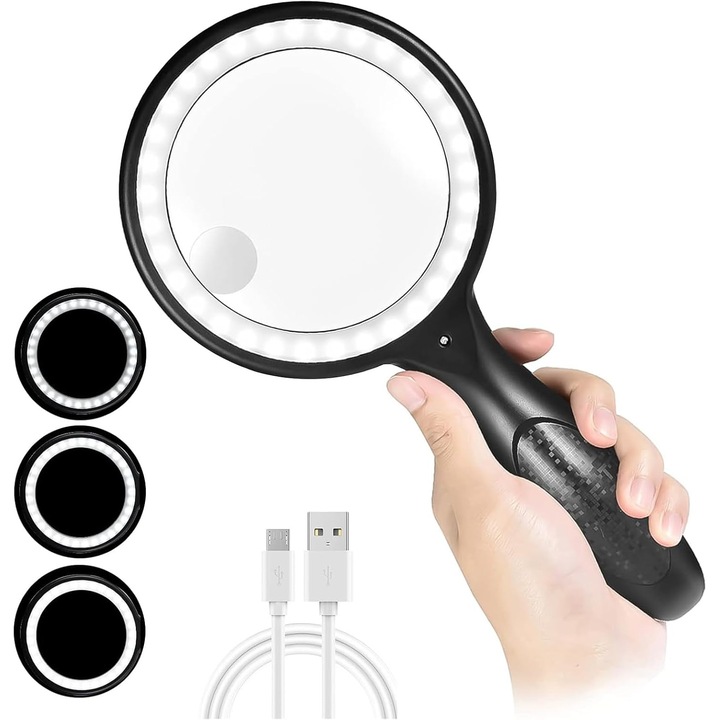 Lupa de citit, lupa LED 60X 30X 33 cu lumina, lupa LED reincarcabila USB, 3 moduri de iluminare, lupa iluminata pentru citit