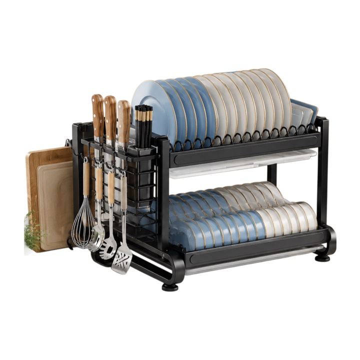 Suport Uscare Vase 2 Niveluri, Metalic, cu Tavite de Scurgere, Suport Tacamuri si Suport Tocator, 53x27x33.5 cm, Negru