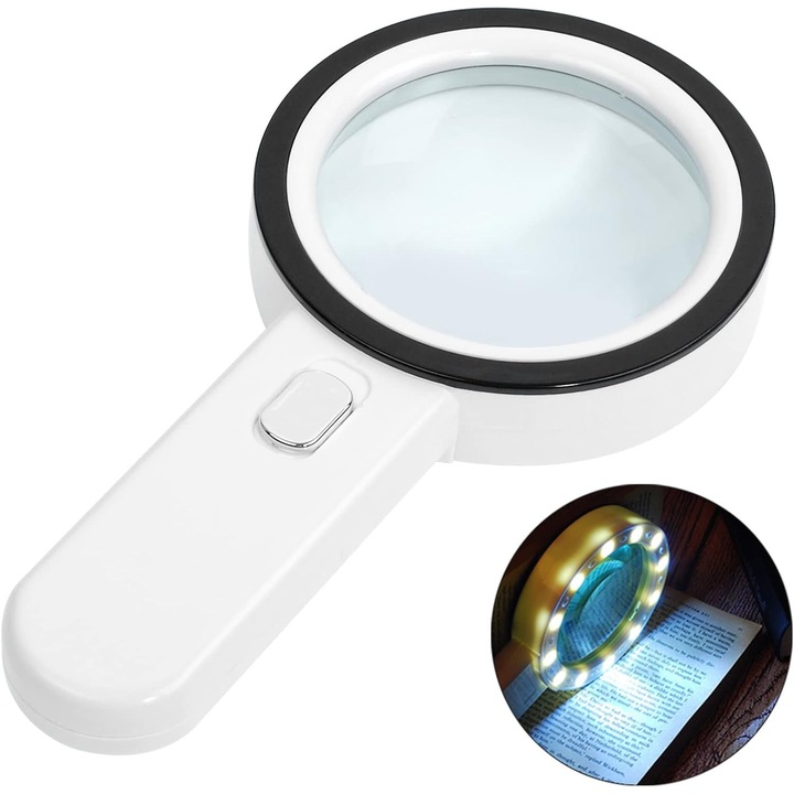 Lupa cu 12 LED-uri, lupa portabila iluminata pentru citit, bijuterii, seniori, vedere slaba, observare si mestesuguri, alba
