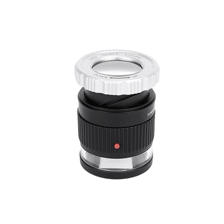 Lupa 30x, focalizare reglabila, cu lumina LED UV, pentru bijuterii, textile, monede, timbre, pietre pretioase, culoare: negru