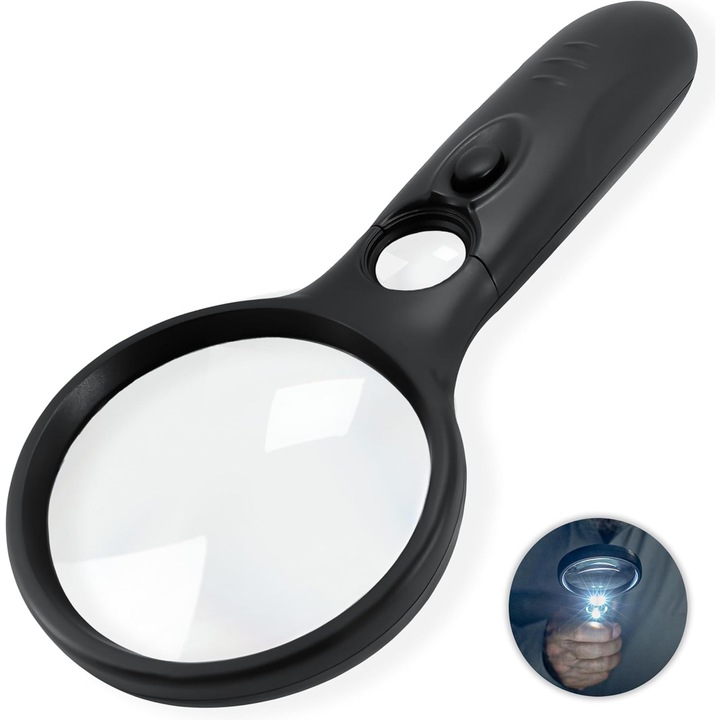 Lupa iluminata 3x/45x pentru citirea textelor cu caractere mici, a hartilor, a monedelor si a bijuteriilor - Lupa LED pentru seniori, pentru lucrul de aproape