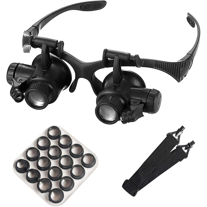 Lupa de bijutier cu iluminare LED si 8 lentile interschimbabile (2.5x/4x/6x/8x/10x/15x/20x/25x) pentru lucrari de aproape, electronica, gene, mestesuguri, bijuterii si reparatii