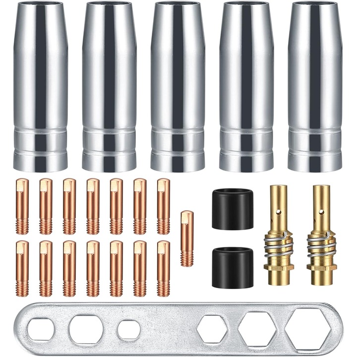 25 érintkező fúvóka hegesztőpisztolyokhoz, kompatibilis az AK-15/MB-15 hegesztőpisztolyokkal, 5 gázfúvóka, 15 db M6 0,8 mm-es fúvóka, 2 fúvókatartó, 2 szigetelő